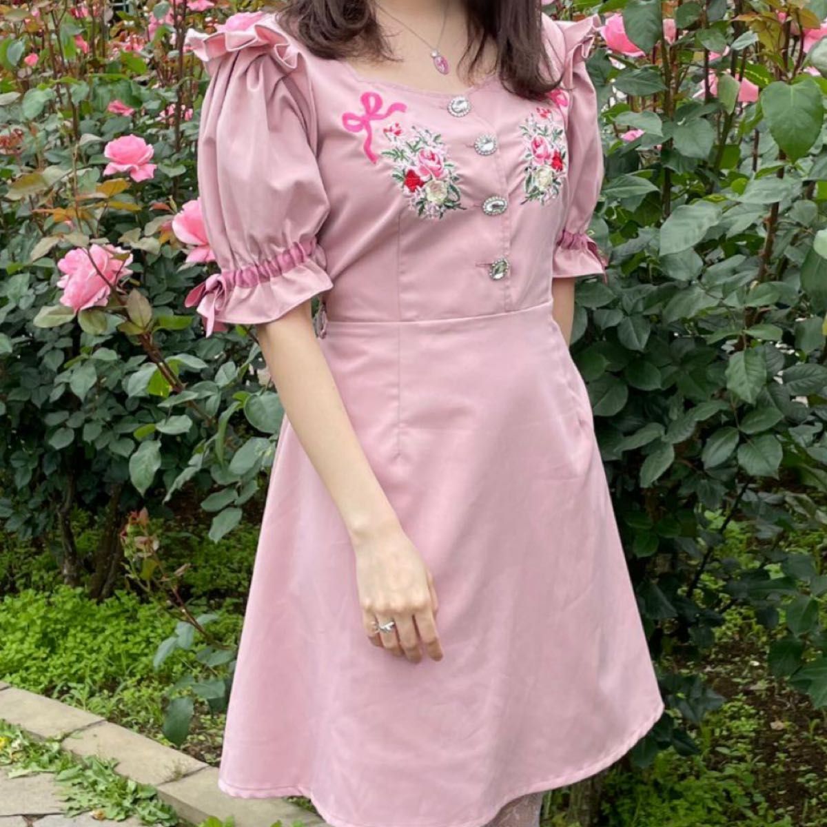 ワンピース Swankiss 膝丈 ピンク 半袖 夏秋