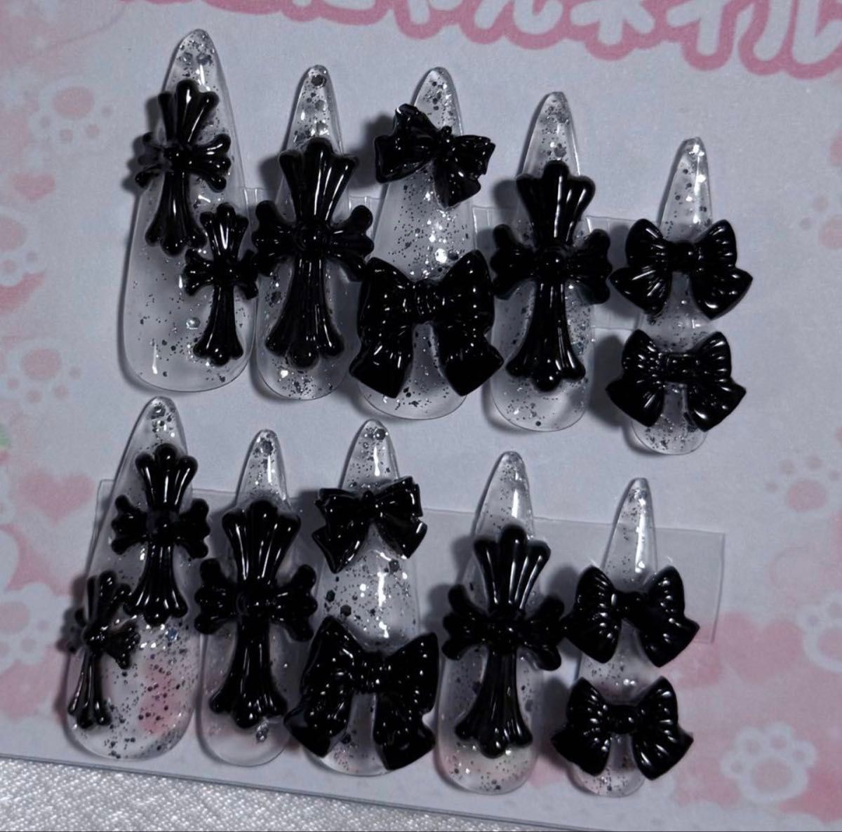 Nail Tips, Mass-Produced Style, Jirai-kei, Pink, Korean, Black, Onehong, Subculture, Gaudy, Snack-kei, Cross, Cross Nails